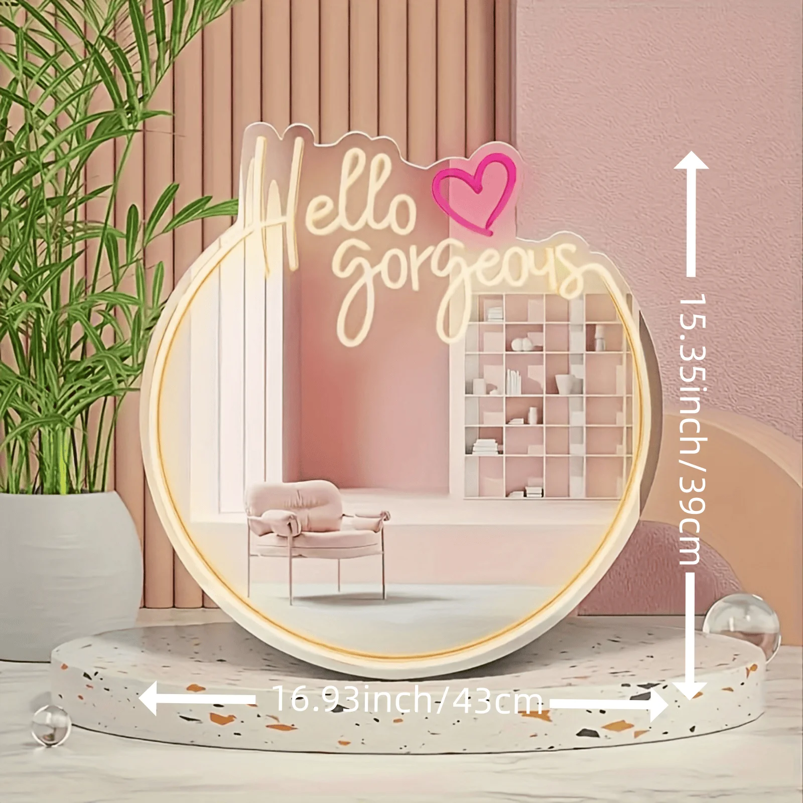Hello Gorgeous Neon Sign with Mirror, LED Lighted Makeup Mirror with Pink Heart, USB Powered Neon for Bedroom Makeup Room Decor