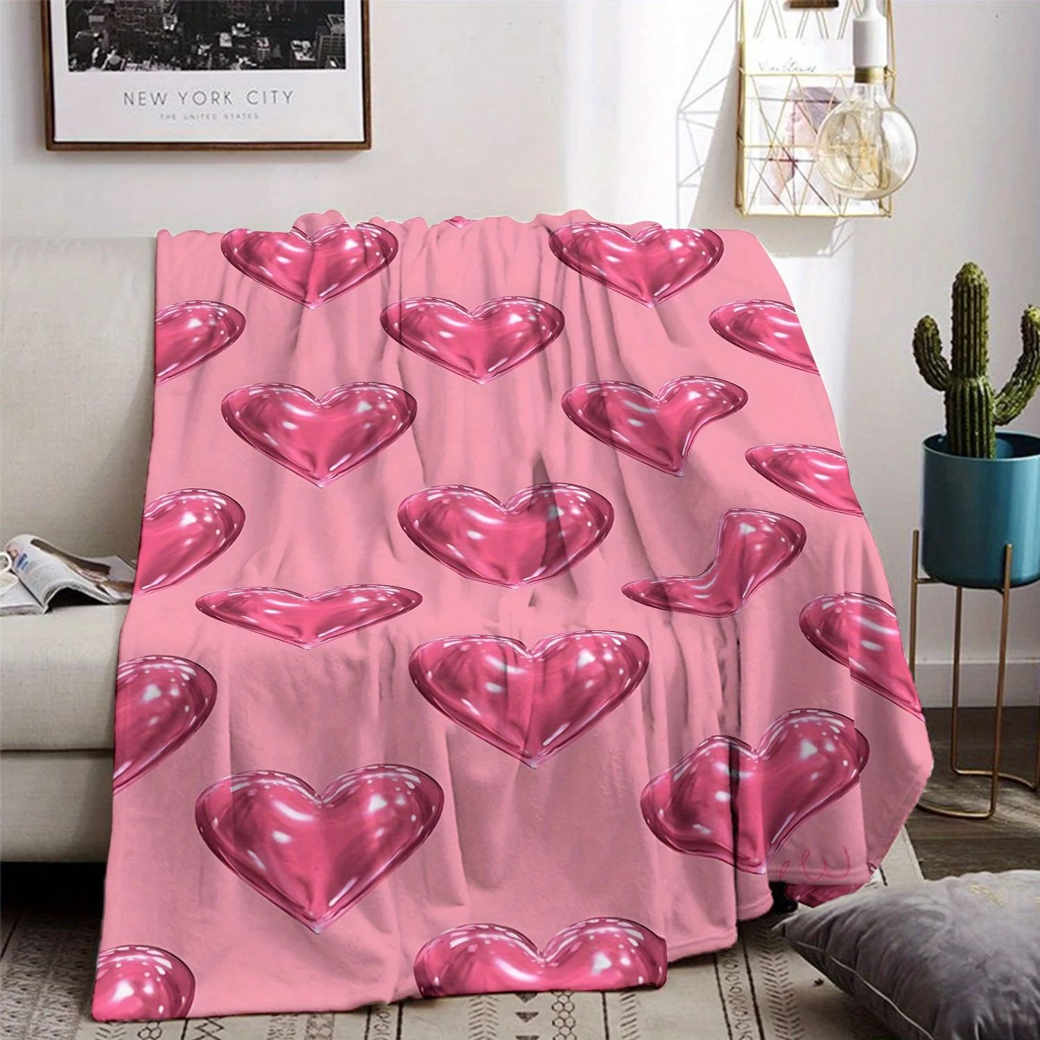 VIKAMA Valentine's Day Love Gloss Blanket Flannel Powder Heart Embossed Napping Blanket Living Room Shawl Home Decoration