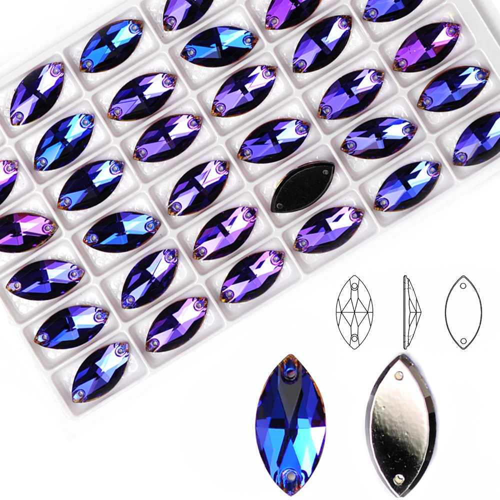 Bling K9 Glass Heliotrope Series Navette Shape Glass Crystal Sew on Rhinestone for Performance Costumes Garment Clothes