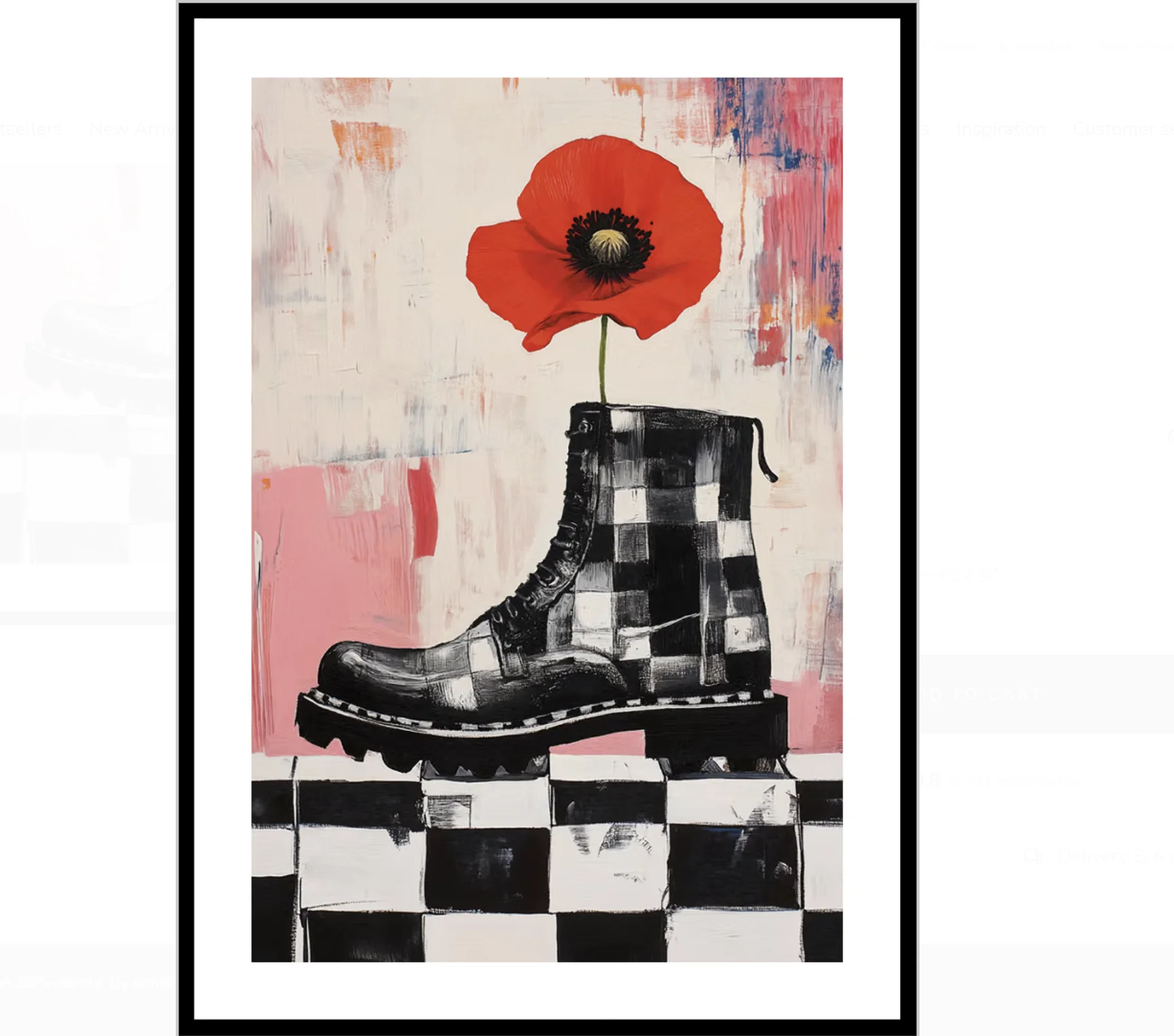 (No frame)Checkered Boot Red Poppy Flower Canvas Wall Art Prints Posters Decor, Abstract Retro Poster for Bedroom, Living Roo