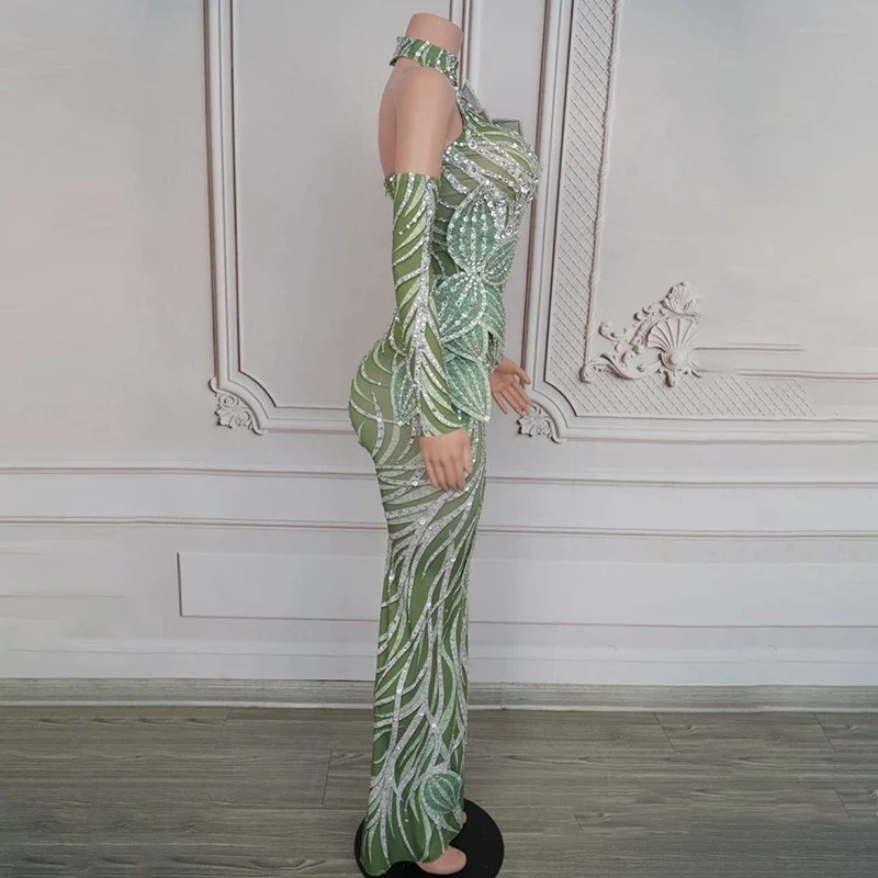 Nightclub Ds Dj Gogo Costume Green Leaf Rhinestones Evening Dress Women Catwalk Festival Outfit Stage Party Dresses