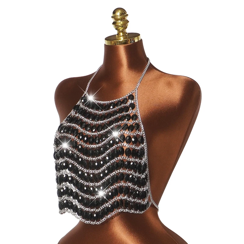 Hochwertiges Damen-Top mit schwarzer Perlenkette, Neckholder, Acryl, mehrlagig, Bustier, Crop-Top, sexy, ausgehöhlt, Nachtclub-Tanktop – Detail 7