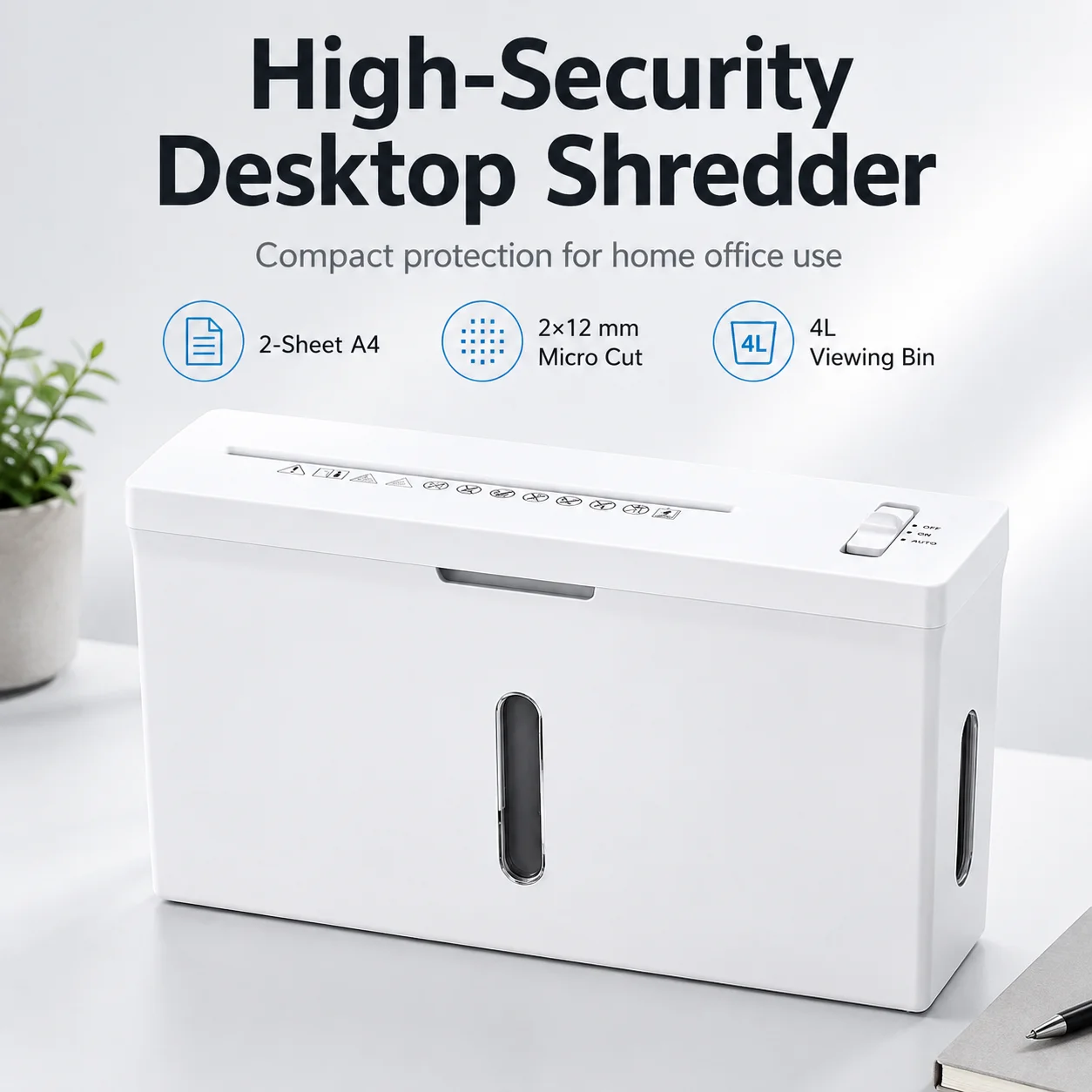 CS201C Micro Cut Paper Shredder 2-Sheet A4 2x12mm Auto Feed 4L Bin 10Min Run for Home Office