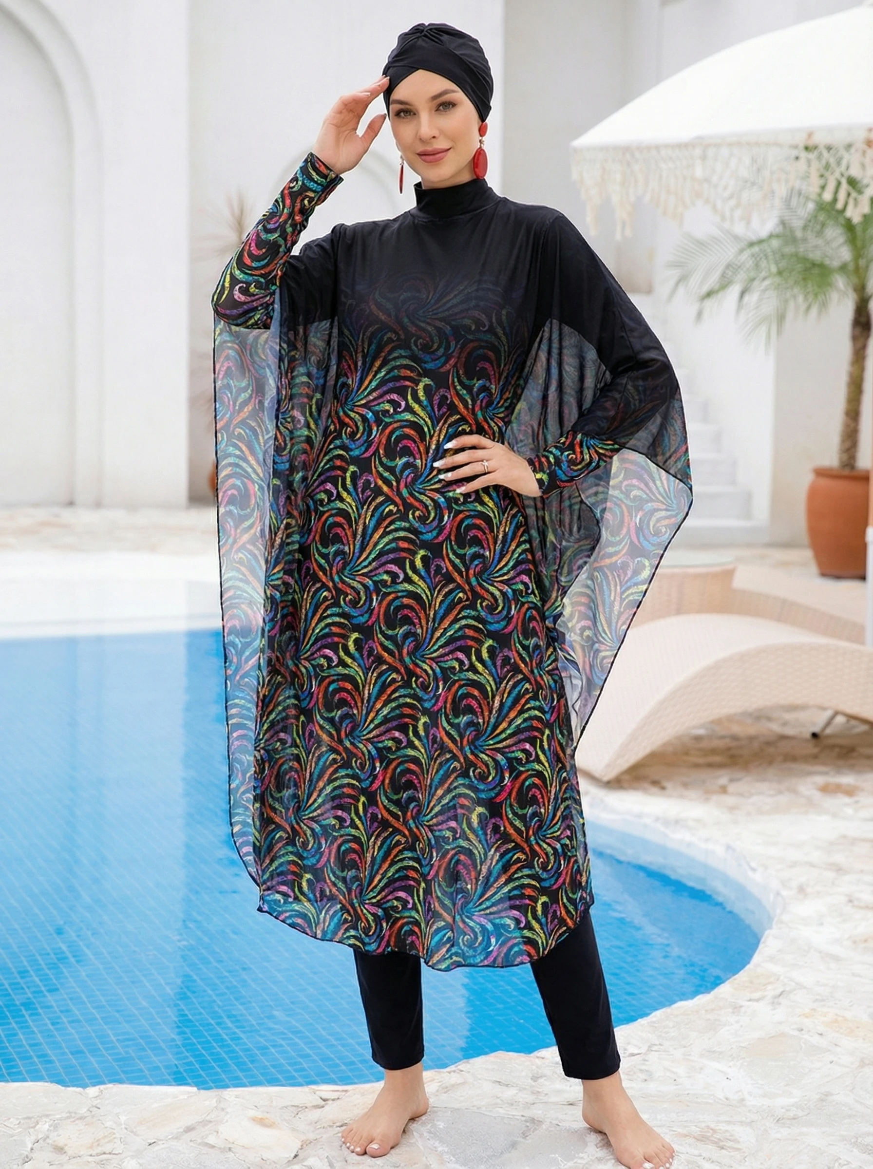 3/4-teiliger Burkini-Badeanzug mit hohem Kragen und langen Ärmeln, vollständig bedeckend, konservativ, figurbetont, Damen-Badeanzug-Set – Detail 7