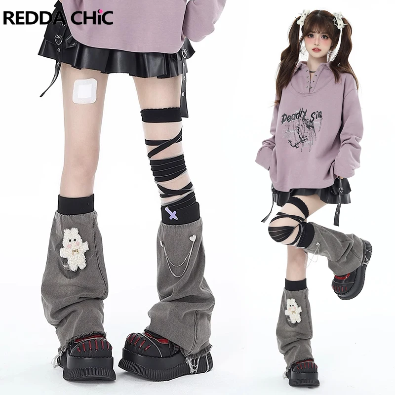 REDDACHiC Elastic Band Women's Leg Warmers Gray Goth Girl Knee Long Socks Y2k Stitch Denim Boots Cover Kawaii Japanese Leggings