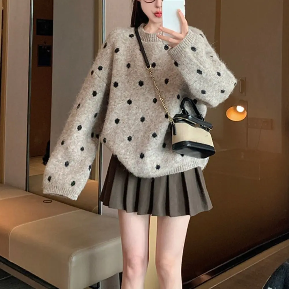 

Fashion Long Sleeve Knit Short Sweater Loose Soft Dot Crochet Knitwear Women Top Autumn Sweet Girl's Pullover Girl