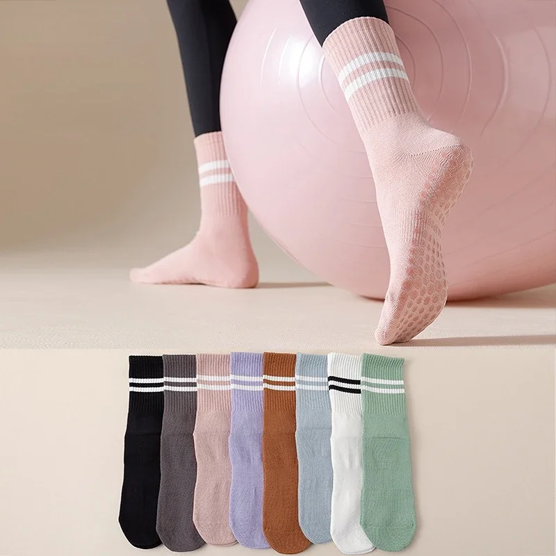 

New Solid Color Striped Mid-calf Yoga Pilates Socks for Women Cotton Breathable Non-slip Fitness Dance Floor Socks Sport Socks