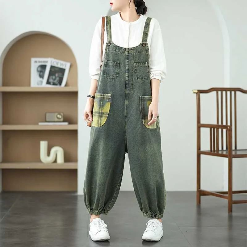 Tuta di jeans con giunture a griglia per la primavera autunno 2025 Nuova tuta retrò a gamba larga da donna Pantaloni Harem larghi versatili alla moda