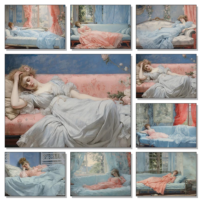 Retro Abstract Woman Wear Pink Dress Sleep on Blue Sofa Poster Canvas Art Painting Prints For Home Room Wall Picture Decor Gi