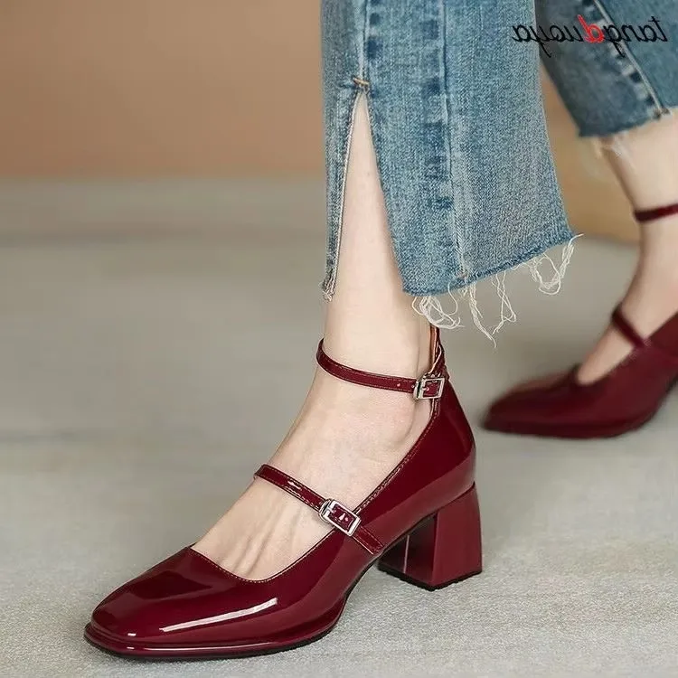 

Women heels Shoes Mary Jane Shoes Woman Pumps Patent Leather High Heels Dress Shoes Red Wedding Shoes Spring 2025 Double Buckle