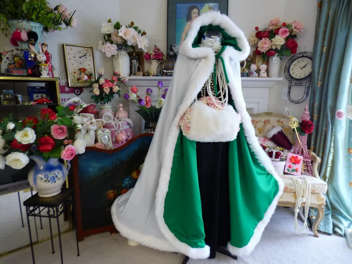 Peorchristmas GREEN/งาช้าง SATIN Cape Bridal, ผ้าคลุมไหล่ขนสัตว์ยาวมีฮู้ดสำหรับผู้หญิงเสื้อคลุมงานแต่งงานทำด้วยมือ