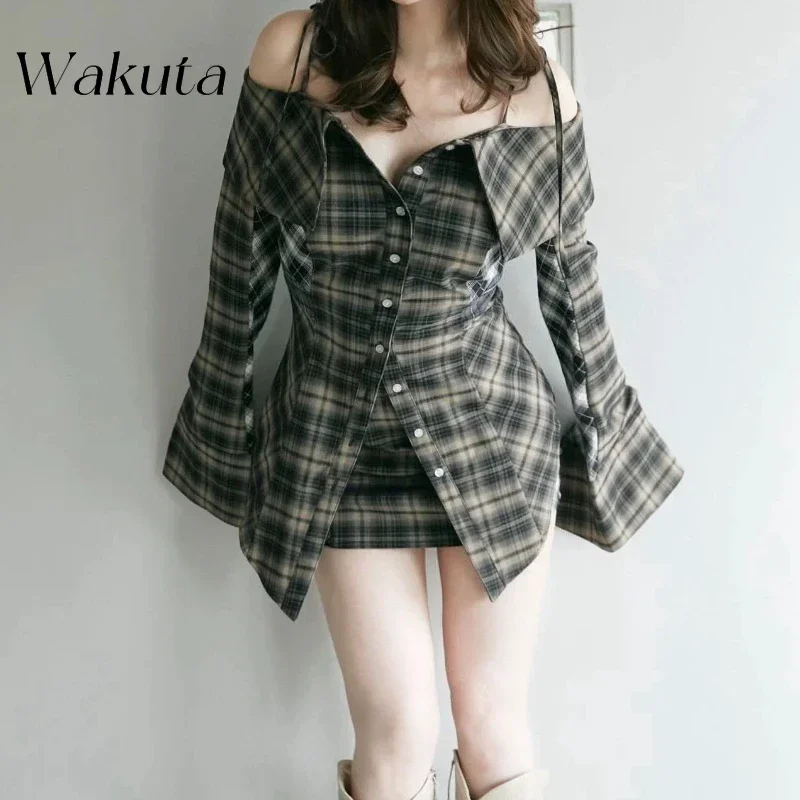 WAKUTA Japanese Niche Pure Desire Strapless Straps One-shoulder Plaid Vestidos Casual Sweet Shirt Lady Mini Dresses فساتين ٢٠٢٢