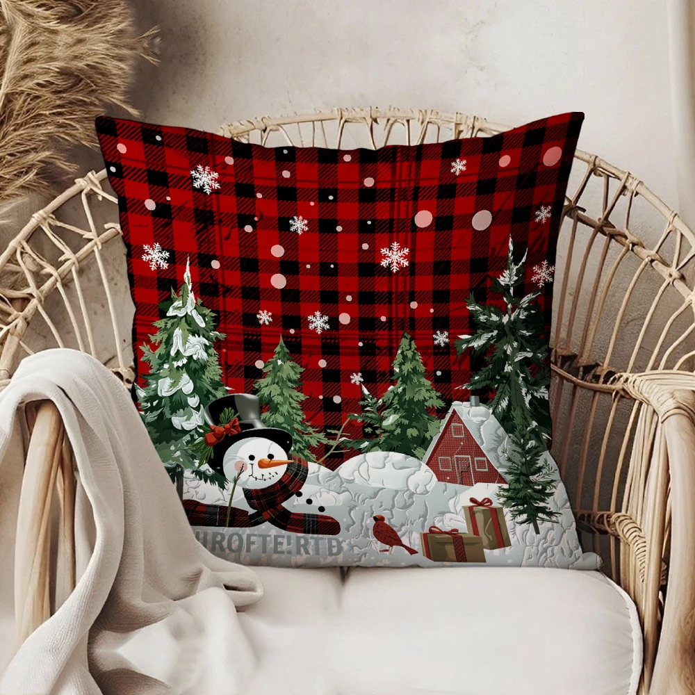 Red Plaid Snowman Christmas Tree Snowflake Print Square Throw Pillow Cushion For Living Room Sofa Bedroom Holiday Home Decor