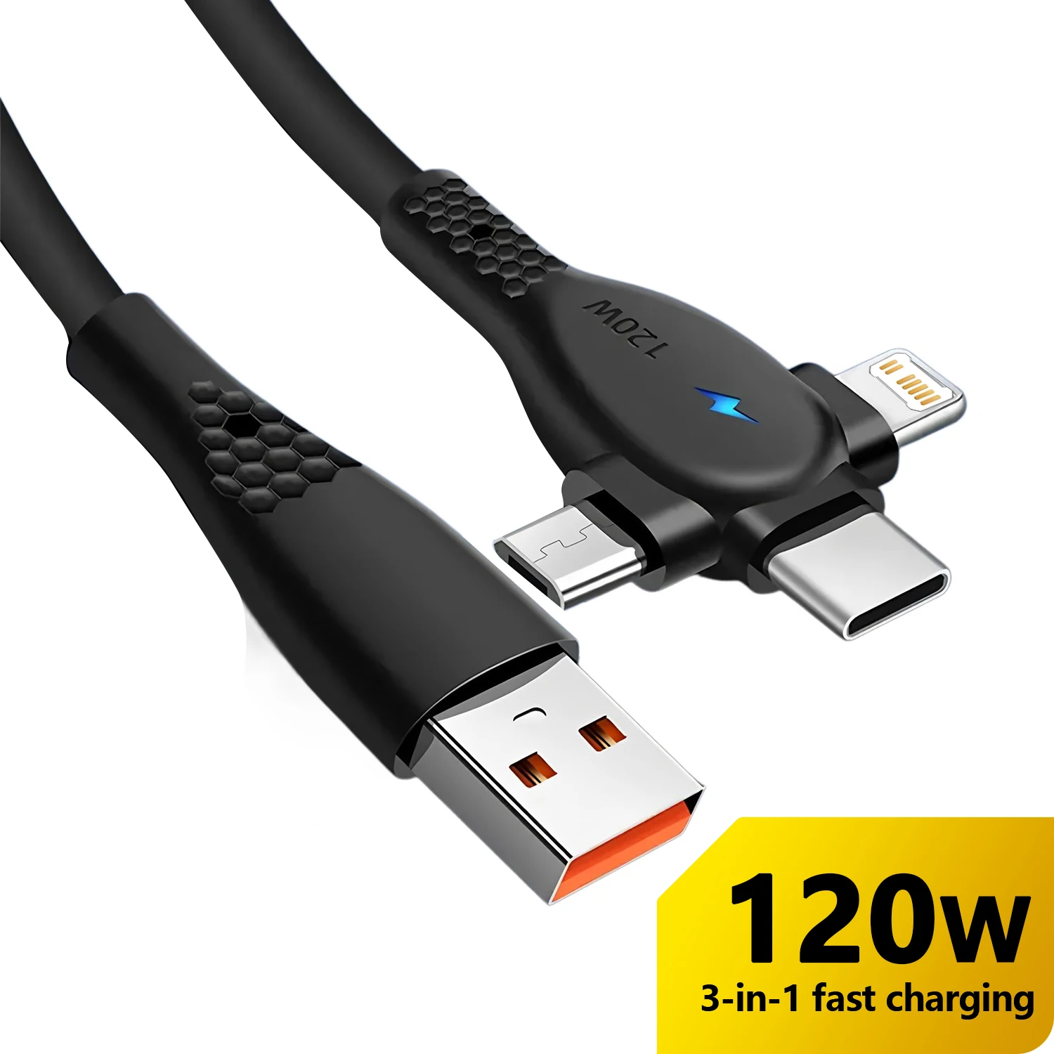 3 IN 1 USB Cable 120W USB Charging Port to For IOS/Micro/Type-C Mobile Phone Charging Cable LED Light Universal multi-function