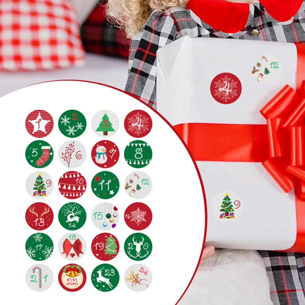 christmas Countdown Stickers 1-24 Round Christmas Label Sticker Festival Food Packaging Bag Decals for Envelopes Luggage Laptop