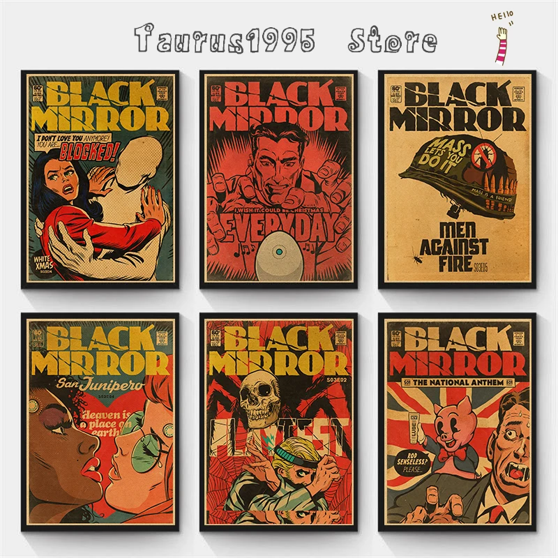 Vintage Classic Movie Black Mirror Poster Self-adhesive Art Kraft Paper Sticker DIY Room Bar Cafe Vintage Decorative Painting