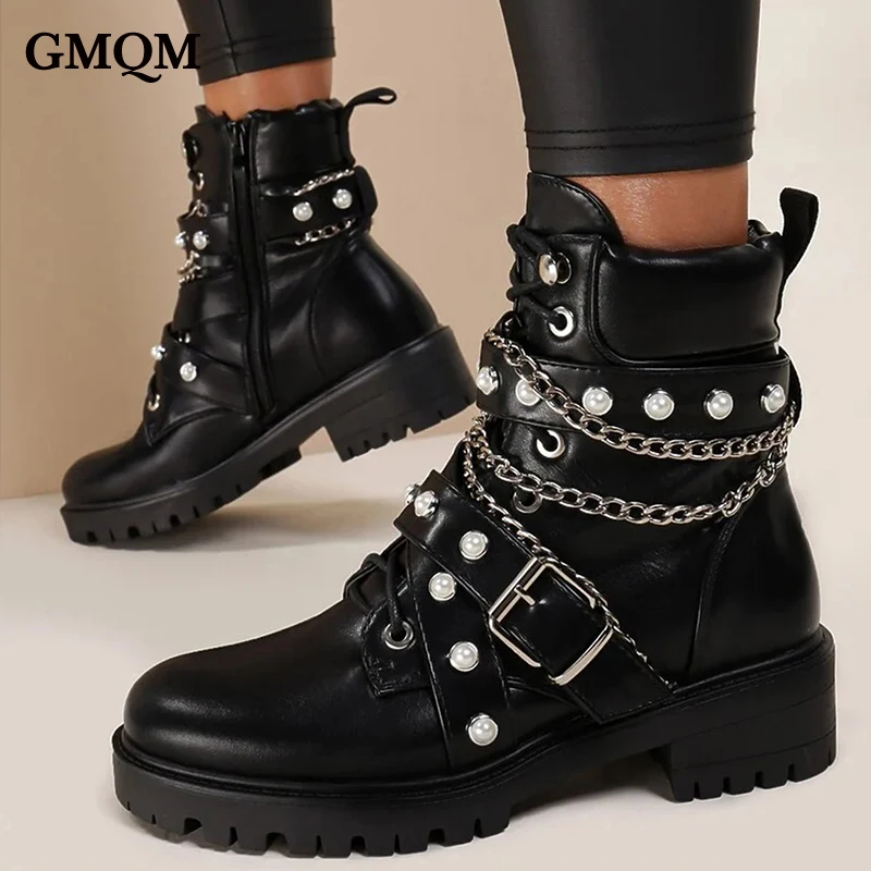 GMQM New 2023 Fashion Women\'s Ankle Boots Platform Round Toe Rivets Pearl Thick Sole Shoes Motorcycle Boots Punk Gothic Style