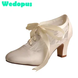 Wedopus tacco personalizzato bianco avorio pizzo e raso stivali da donna scarpe da sposa tacco largo 7CM