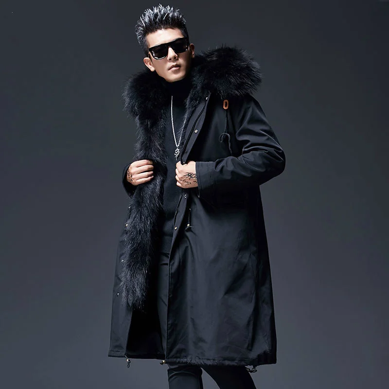 Mens Parka Real Fur Coat Winter Jacket Raccoon Liner Long Windbreaker Warm Parkas Plus Size Jackets MC18C033 KJ1570