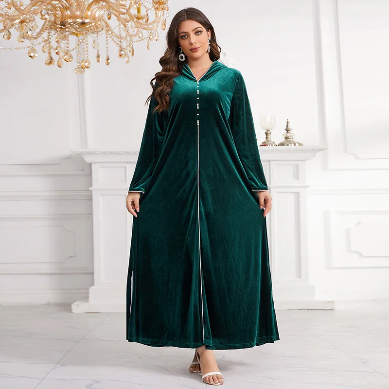 Women Eid Muslim Abaya Africa Hooded Kaftan Arab Islam Solid Abayas Modest Ramadan Beading Long Robe Morocco Jalabiya