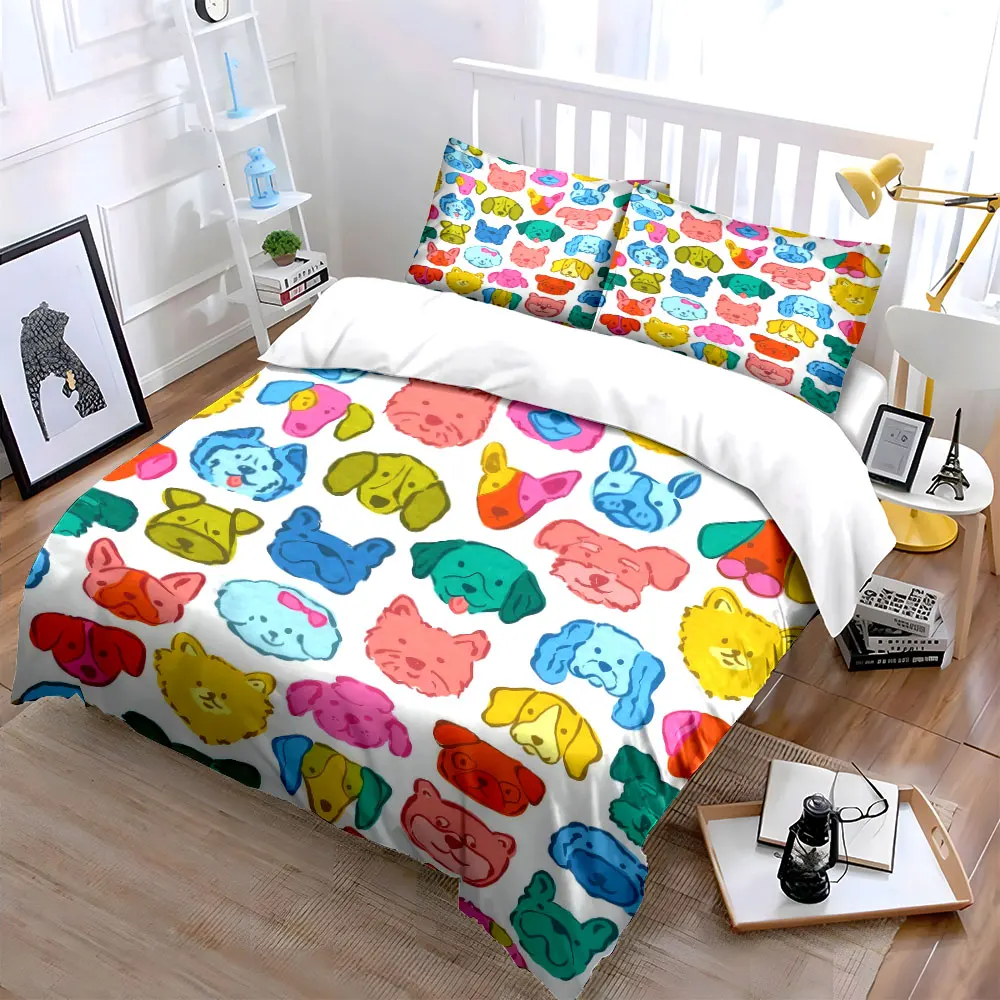 Multicolor Pastel Dog Head Sketch Seamless Duvet Cover Set,White Base Art Bedding Includes 1 Duvet Cover And 2 Pillowcase,Gift