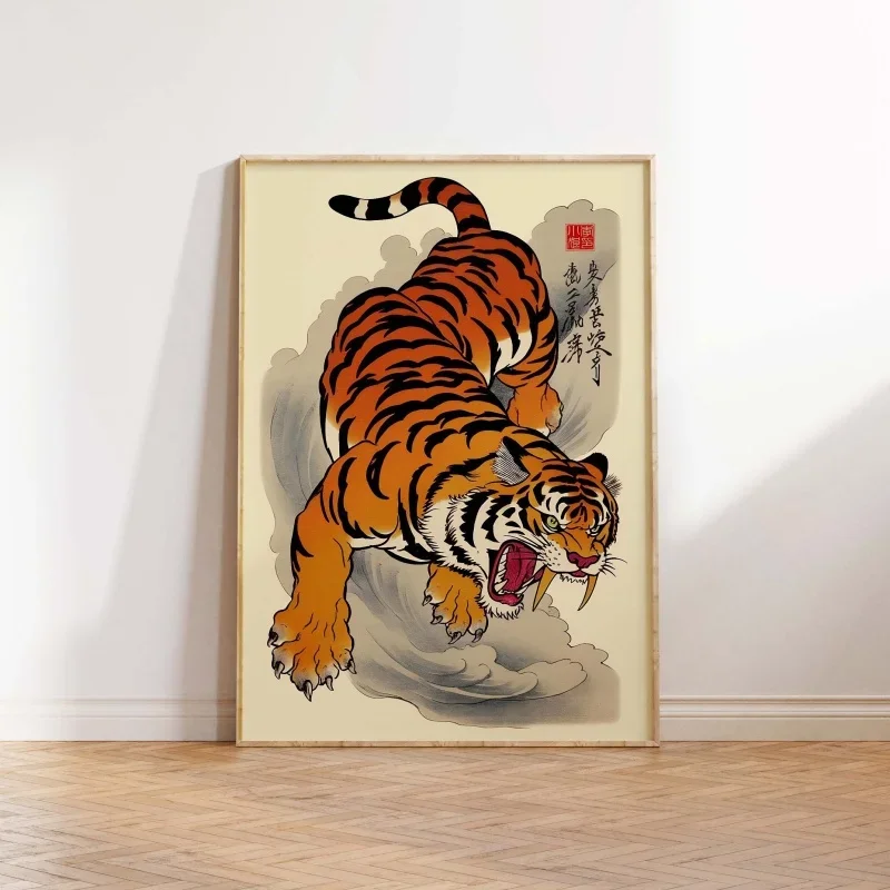 Panther Tiger Print Poster, Botanical Decor, Jungle Art, Japanese Tiger Art, Indian Tiger Art, Tropical Wall Art, Animal Art