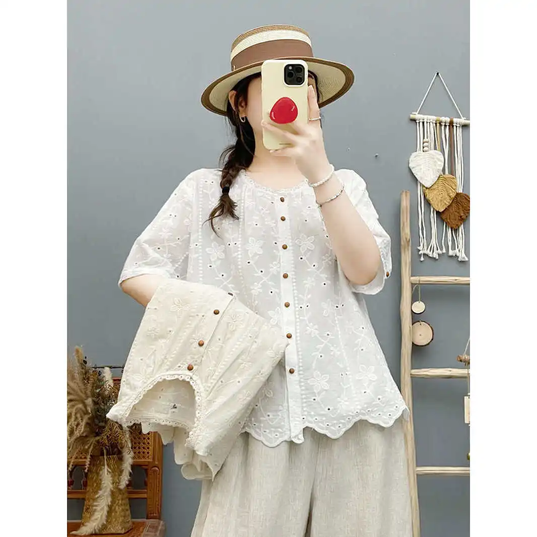 Korean Style Short Sleeve Embroidered Floral Lace Trim Open Cardigan Women's Shirt College Style Cotton Summer Fashion