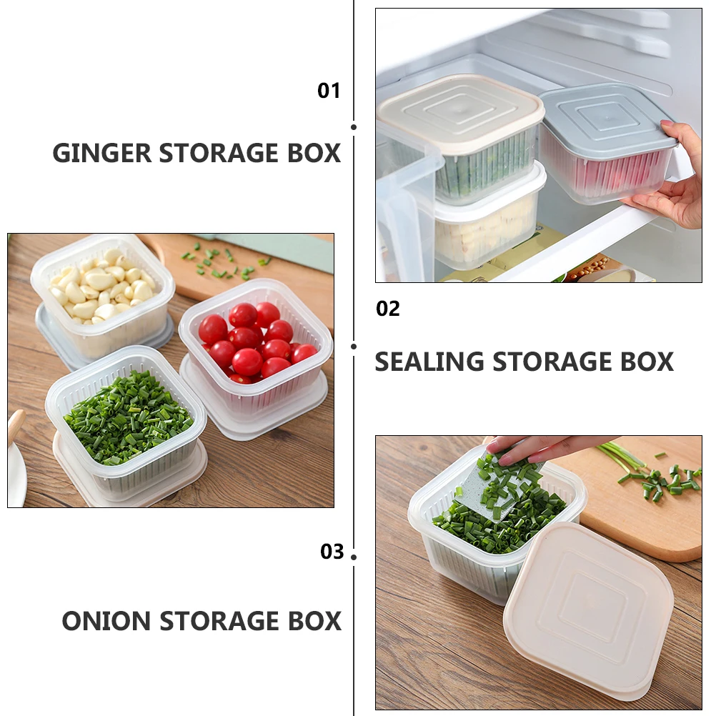 

4pcs Food Fresh-keeping Box Transparent Storage Container Drain Layer Onion Garlic Ginger PP PE Material Kitchen Sealing