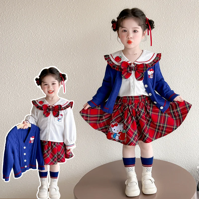 

Sanriou Girl Hello Kitty Long Sleeves Coat Kuromi Pleated Skirt College Style Jk Set Sweater Shirt Skirt Cartoon Festival Gift