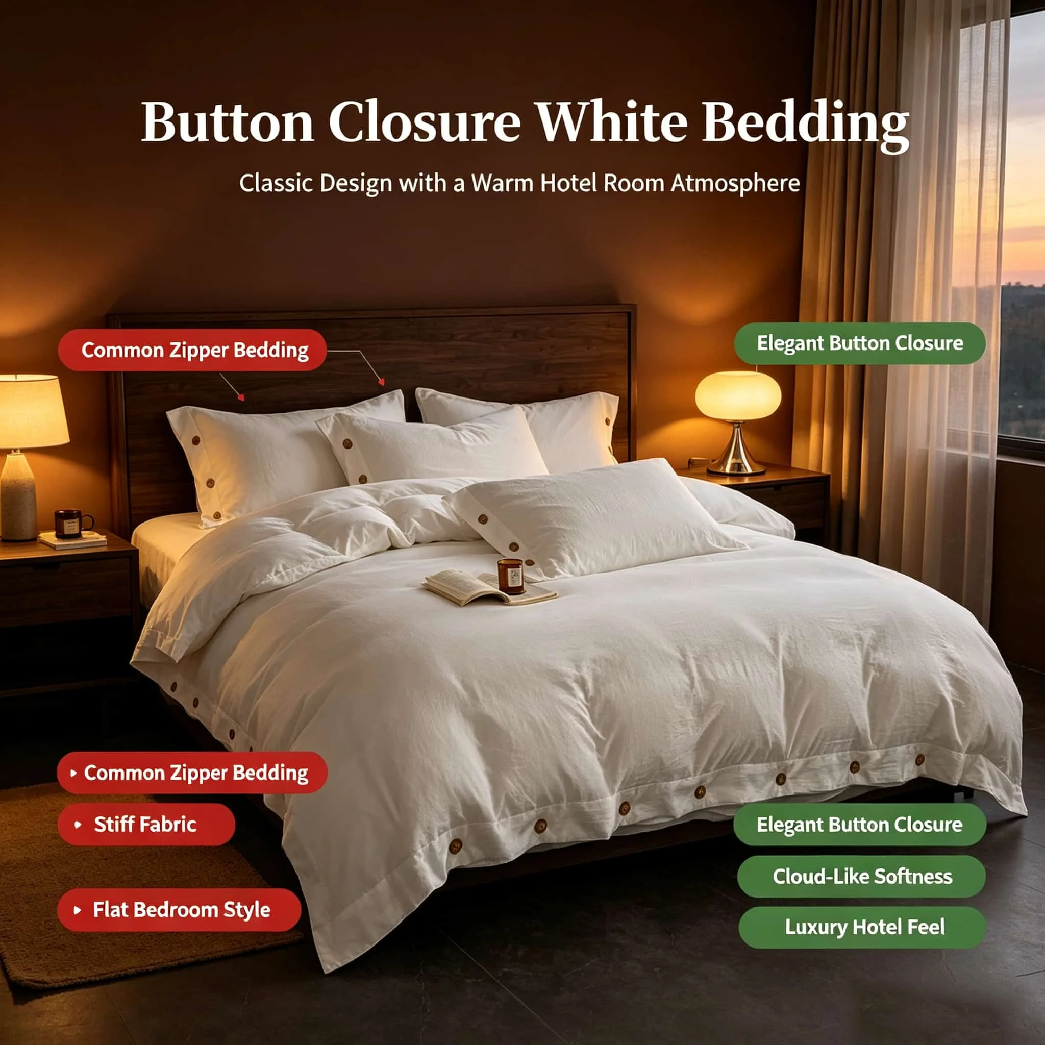 Minimalist Solid Bedding Set, Antimicrobial Fabric Skin Soft Duvet Cover, Wooden Button Detail Bedding Sets and Components,
