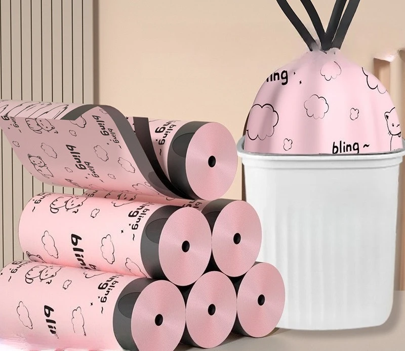 10pcs/roll New Household High-value Drawstring Point-break Garbage Bag Kitchen Drawstring Printed Plastic Bag