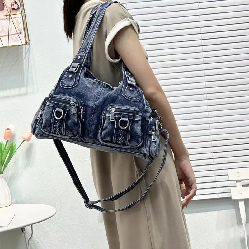 New Korean version of blue retro multi-pocket wash punk denim fashion women's bag hand braid single shoulder crossbody
