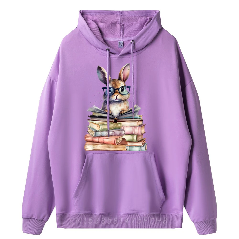 Cute Reading Bunny With Glasses Sweatshrt Family Long Sleeve Street Round Collar Adult Hoodies Gift Idea Hoodies Labor Day