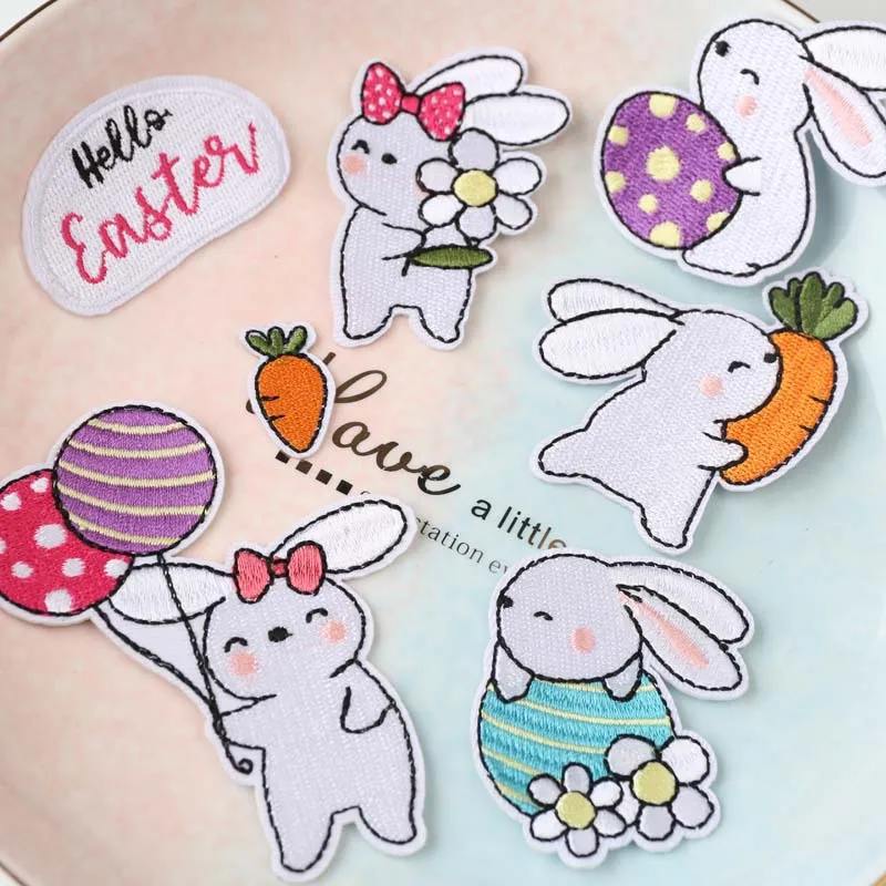 5 Pieces Diverse Iron-on Embroidery Patches Cartoon Rabbits for Clothing Bag DIY Decoration, Animal Stickers Back Glue