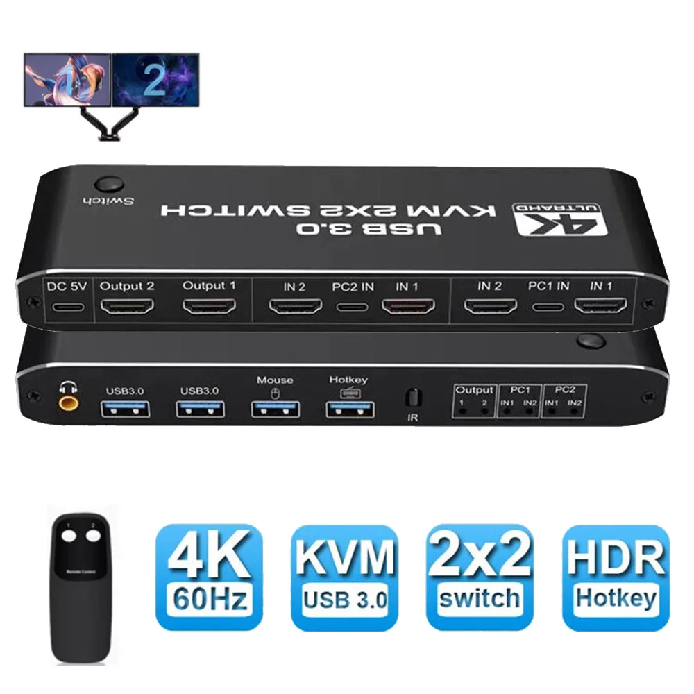 2x2 KVM Switch 4K 60Hz Dual Monitor KVM Display esteso USB KVM Switcher 2 in 2 out per 2 computer condividi 2 Monitor