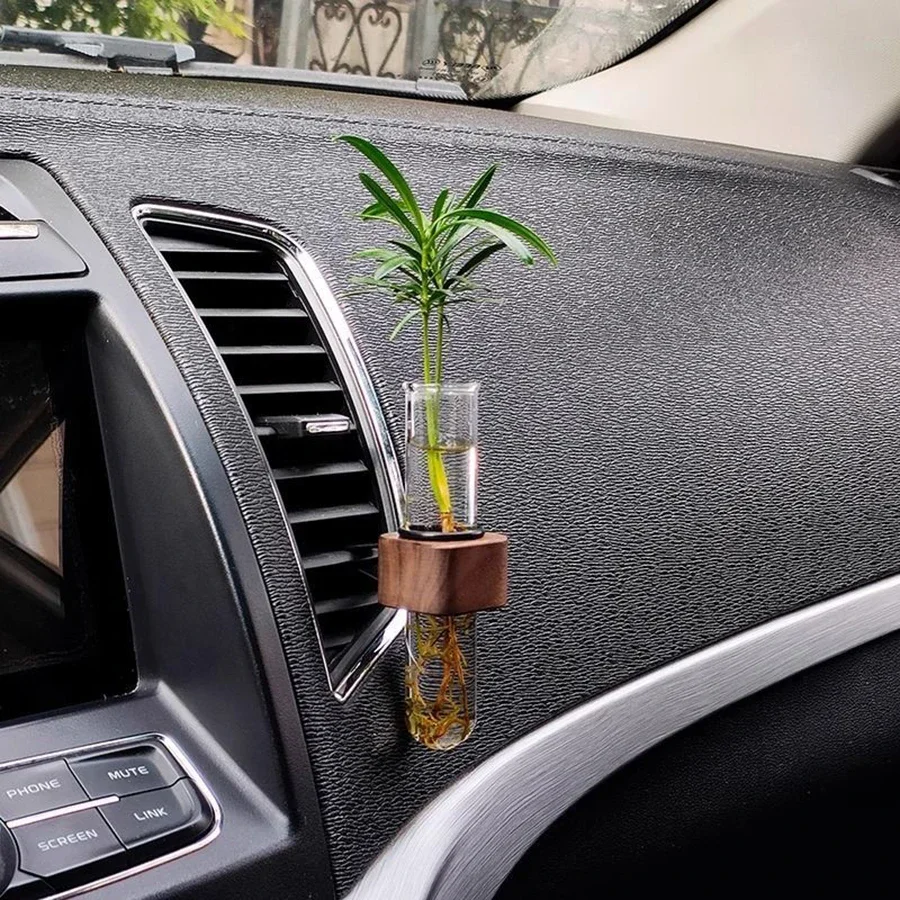 

Stable Mini Car Flower Vase Clip Elegant Adjustable Car Vent Flower Vase Walnut and Glass Creative Car Vent Decor Dashboard