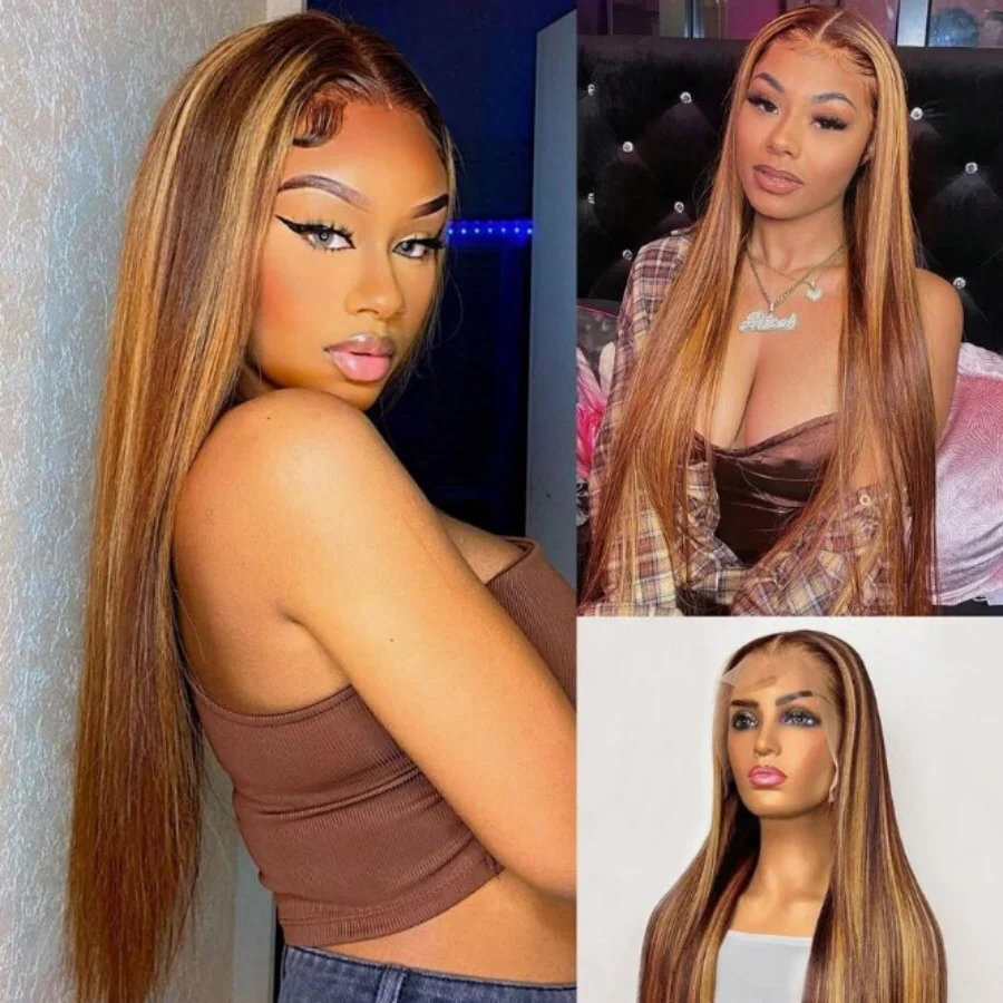 

Highlight 13x6 Lace Frontal Wig Human Hair Bone Straight 40 30 Inch Ombre Brown Colored Wig Brazilian Hair P4/27 Honey Blonde