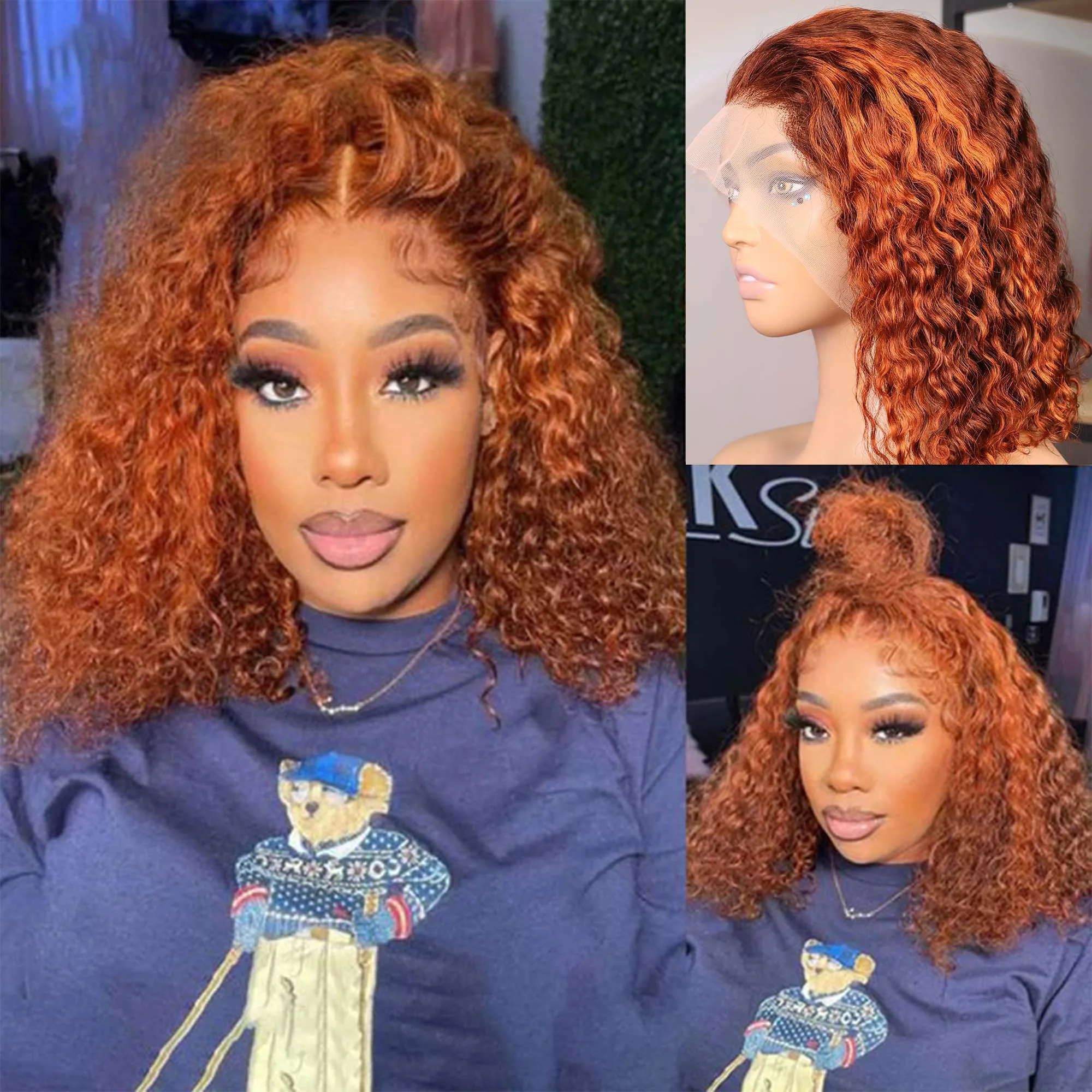 

Curly Wigs 4/350 Highlight 13x4 Lace Frontal Human Hair Wig Brazilian Ombre Ginger Human Hair Wig Short 200% Water Wave Bob Wigs