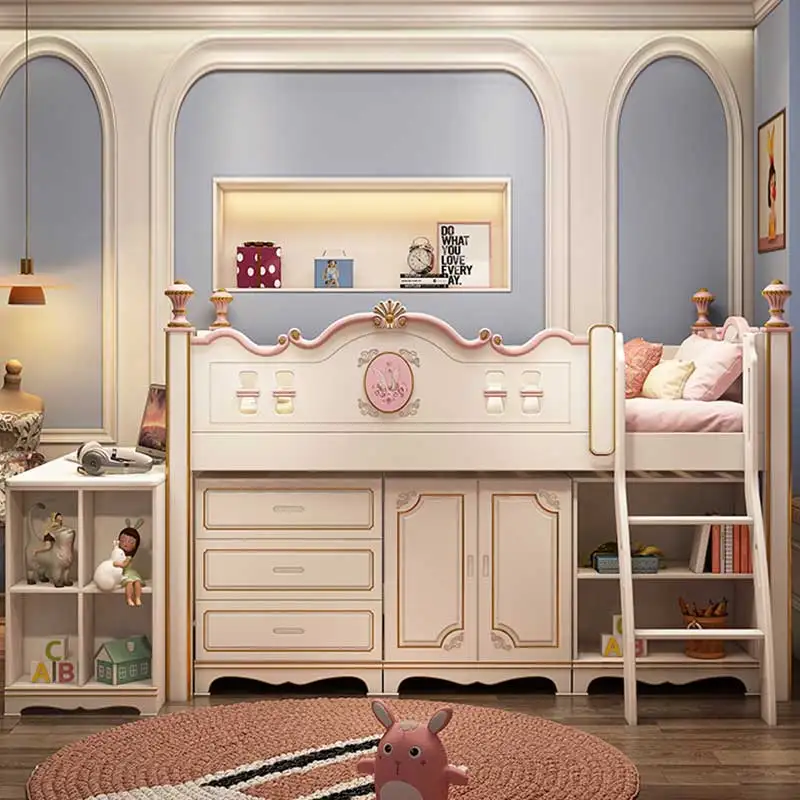 Wooden Princess Double Boy Children's Bed Home Furniture Modern Luxury Wooden Bedroom Double Girl Children's Bunk Bed