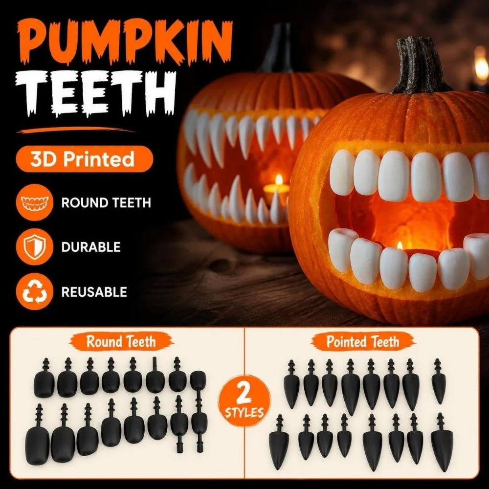 26/27Pcs 3D Printed Pumpkin Teeth Round Teeth Durable Jack O Lantern Teeth Reusable DIY Fangs Teeth Set Halloween Party