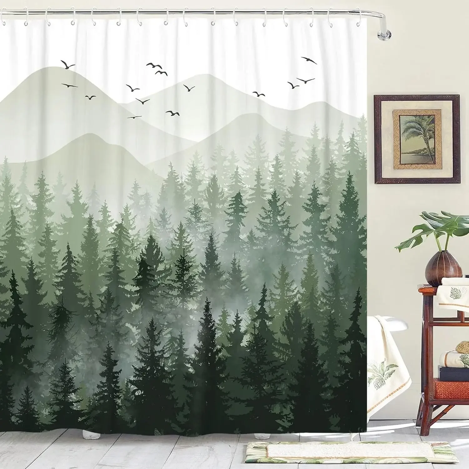 

Misty Forest Shower Curtain Green Blue Watercolour Nature Tree Mountain Forest Printed Polyester Shower Curtains Bathroom Decor