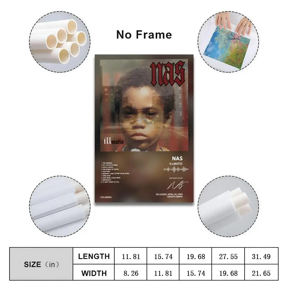 Nas Illmatic Poster Peelable Self-Adhesive Album Cover Stickers, Frameless Wall Art for Singer Band Pop Rap Bedroom