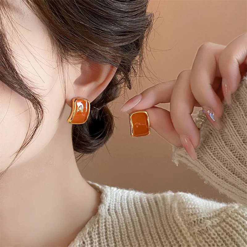 French Vintage Simple Rectangular Dripping Glaze Earrings for Women Geometry Fashion Orange Temperament Earring Jewerly Gift