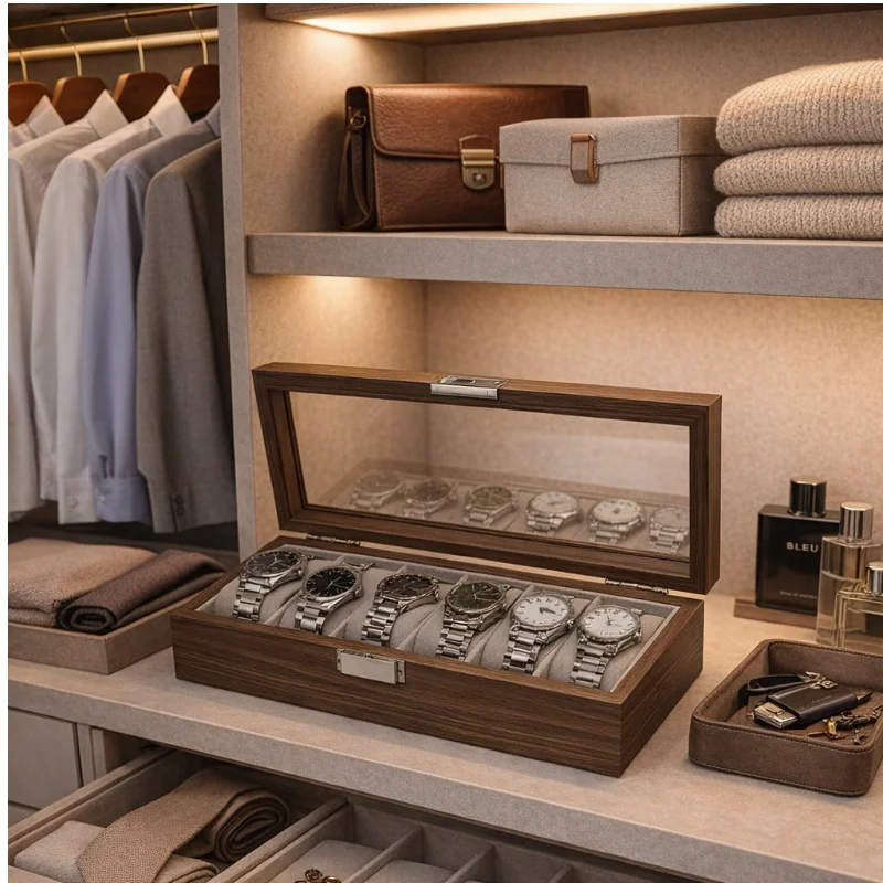 New Style Black Walnut Grain Wooden Watch Storage Display Box Set of 6, Wooden Watch Packaging Box