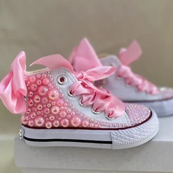 Mesh Flowers Kids Canvas Shoes Handmade Pearls Unicorn Bling Shoes Baby Butterfly Theme Party Toddler Sneakers