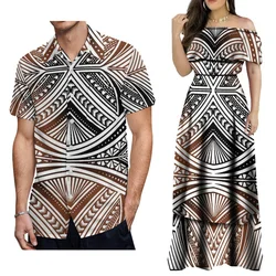 Hawaiian Men'S Beach Shirt Custom Short Sleeve Women'S Off-The-Shoulder Tiered Dress Polynesian Samoan Couple Suit