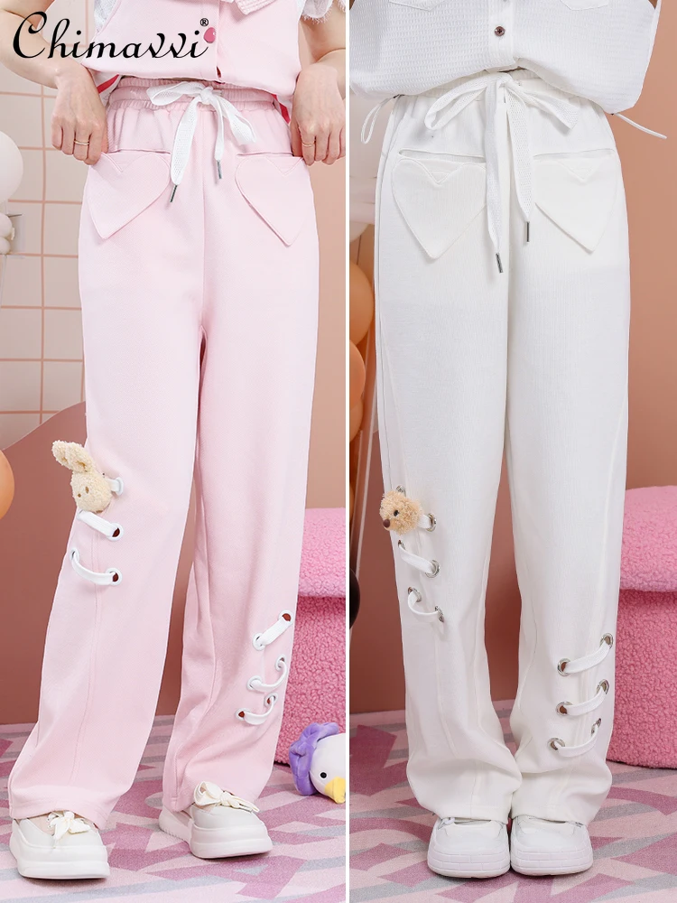 Sweet Cute Girl Pocket Casual Loose Trousers 2023 Autumn Winter Fashion College Style High Waist Women's Wide Leg Pants