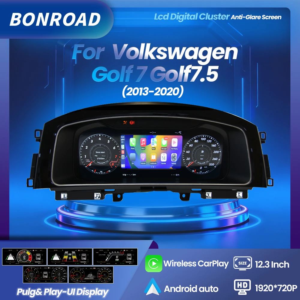Tableau de bord numérique LCD BONROAD CarPlay Android Auto pour VW MK Golf 7/7.5 2013-2020, panneau de cockpit, compteur de vitesse