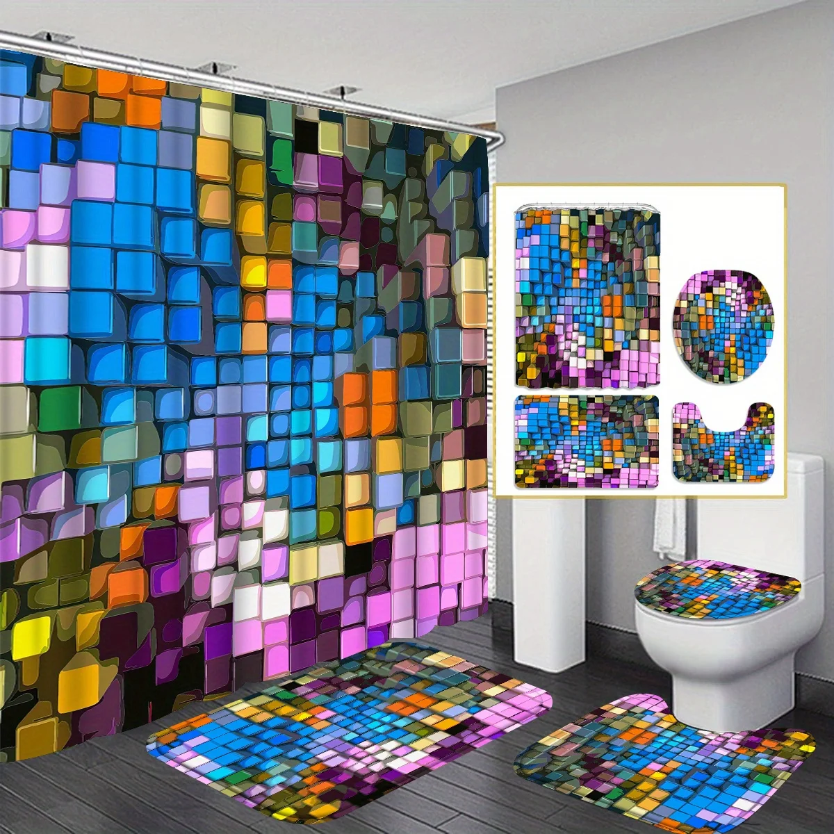 

Декоративная занавеска для душа в клетку цвета. Набор для ванной комнаты — можно стирать в машине, с 12 крючками, включая чехол на сиденье унитаза и ванну.