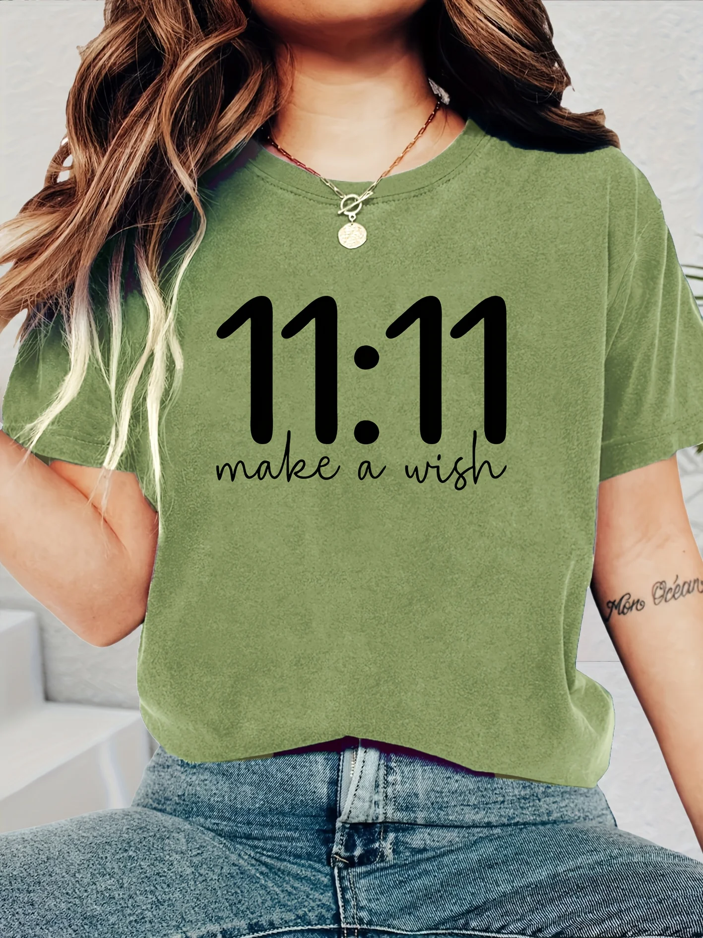 11:11 Make A Wish Women's Tee - Minimalist Graphic, Casual Dark Gray Top